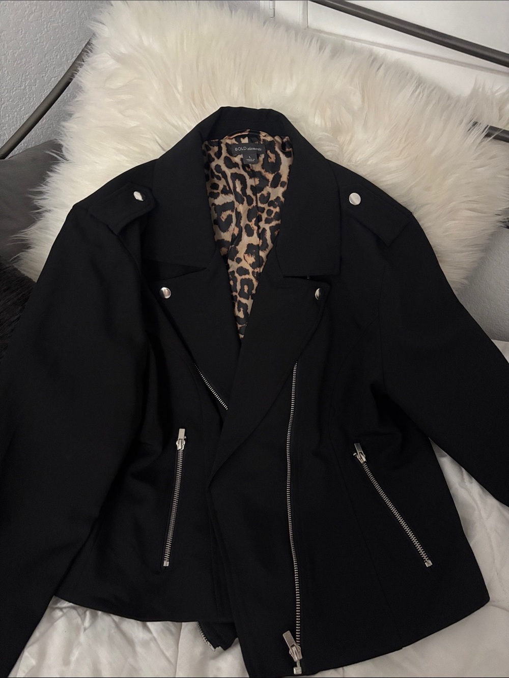 BOLD elements Black Moto Blazer with Leopard Lining